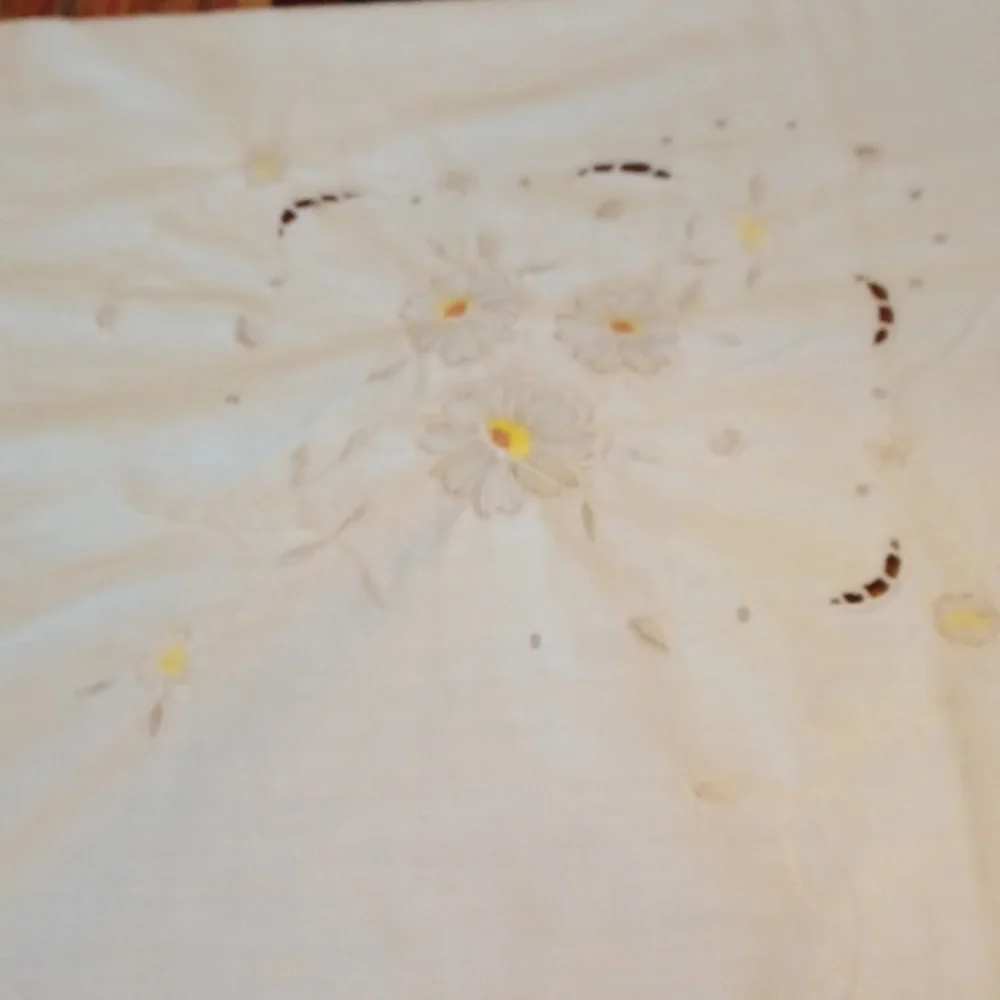 vintage cream embroidered tablecloth rectangular floral cutwork  cottagecore